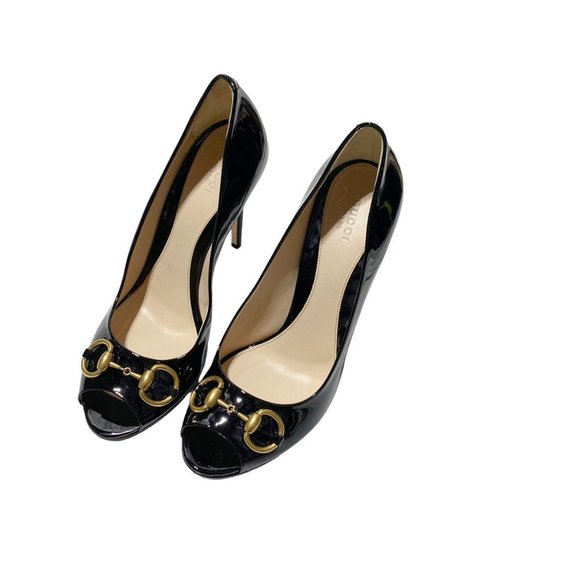 𝅺GUCCI Patent Leather Malaga Kid Horsebit Peep Toe Pumps Black - Picture 3 of 9